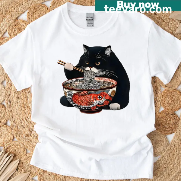 Cartoon of a fat black cat eating ramen