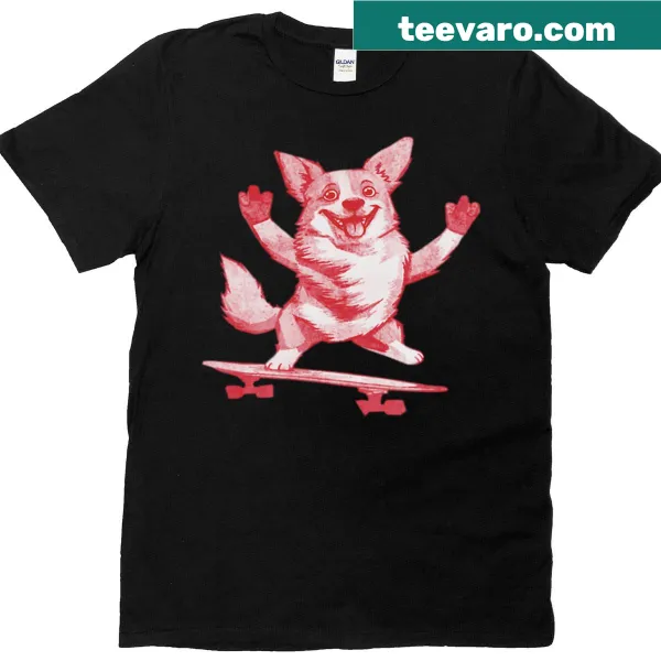 Cartoon corgi riding a skateboard in a playful design
