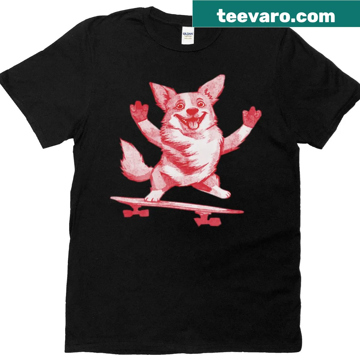 Cartoon corgi riding a skateboard in a playful design — on a men's t-shirt