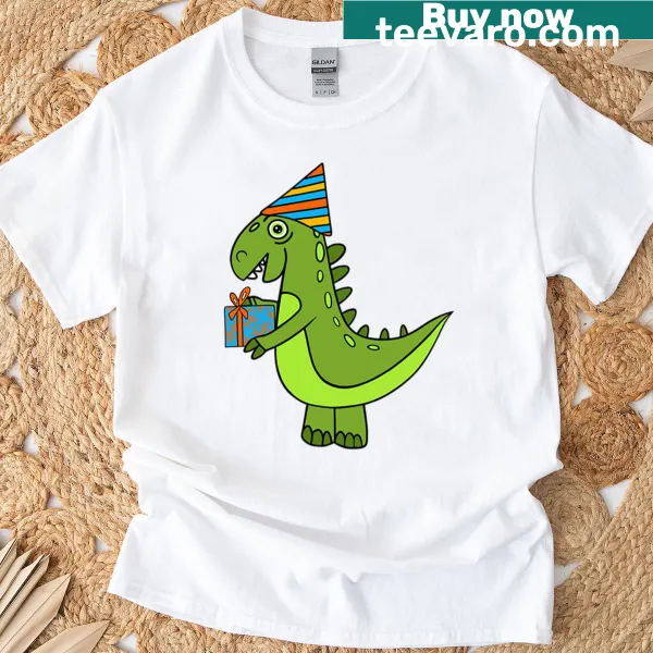 Cartoon dinosaurs in party hats for a humorous birthday theme