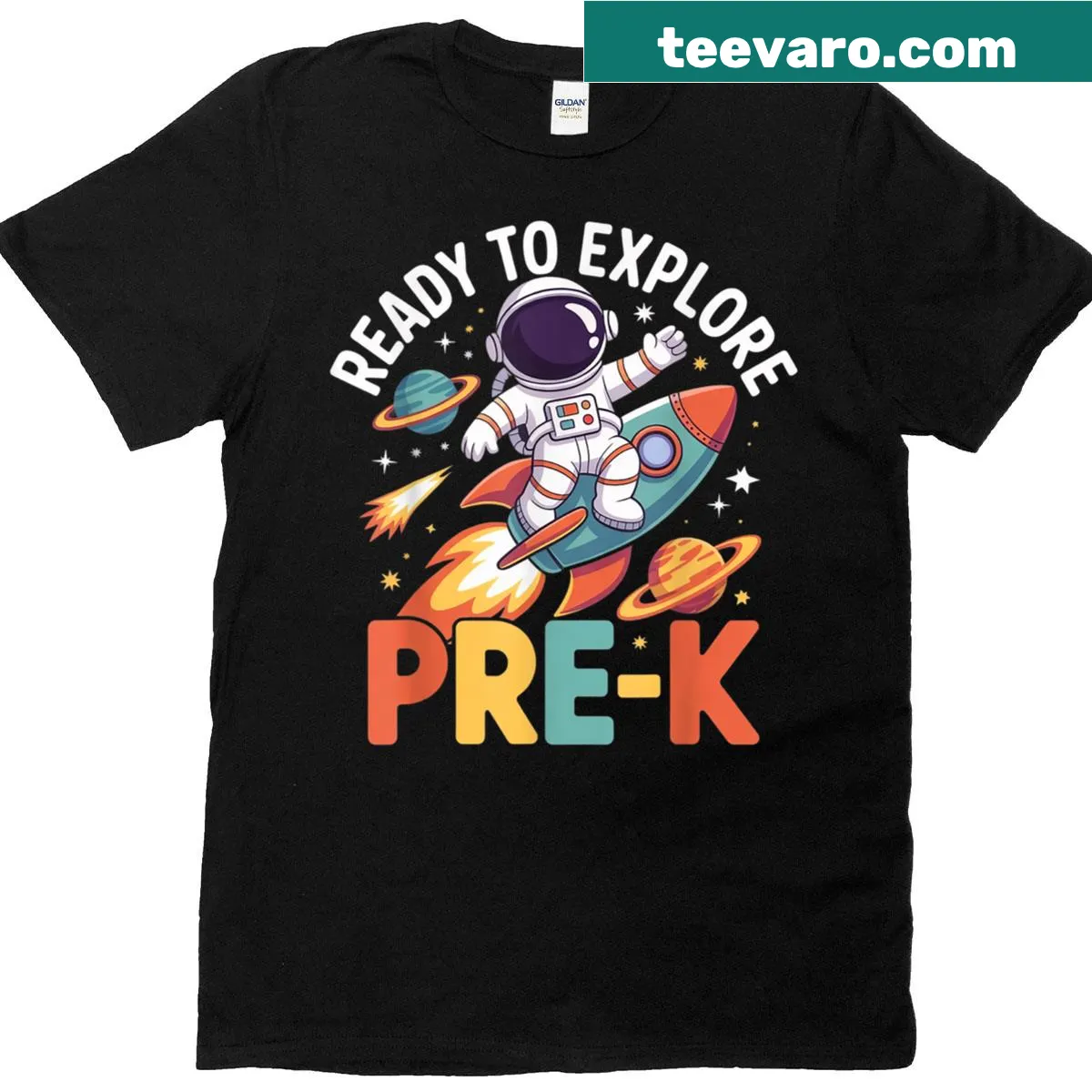 Playful astronaut design for first day of school with exploration theme — on a men's t-shirt