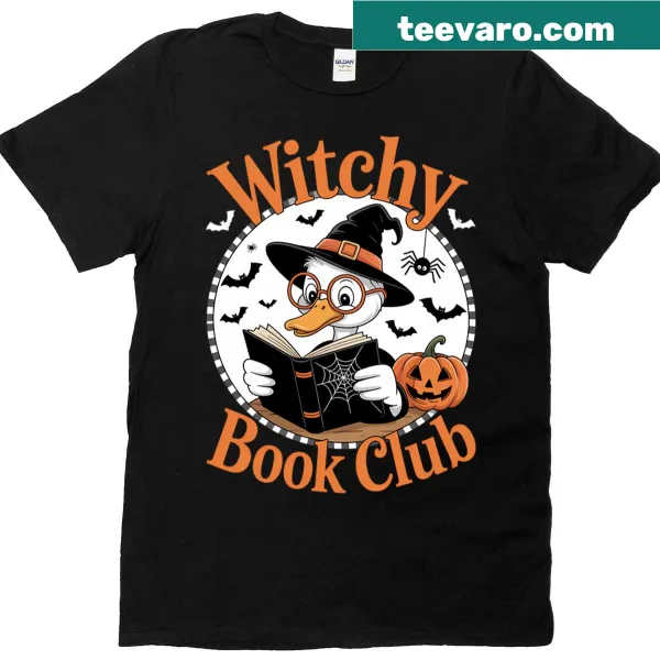 Cute Halloween T-shirt featuring a goose reading books in a whimsical design