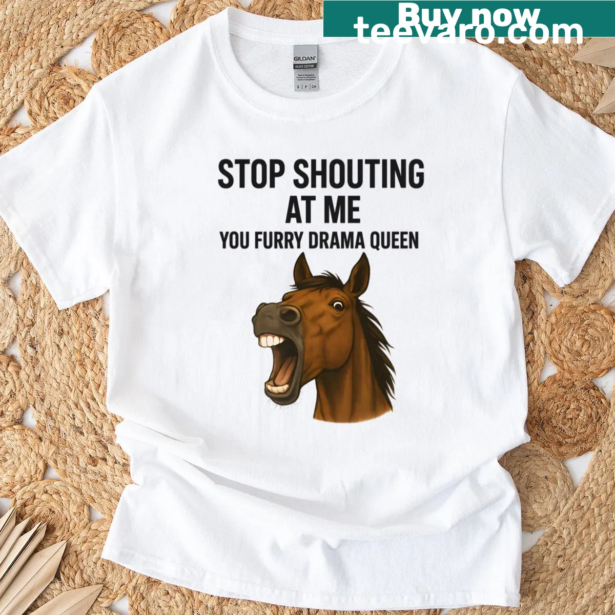 Oversized T-shirt with horse drama queen meme design — on a men's t-shirt