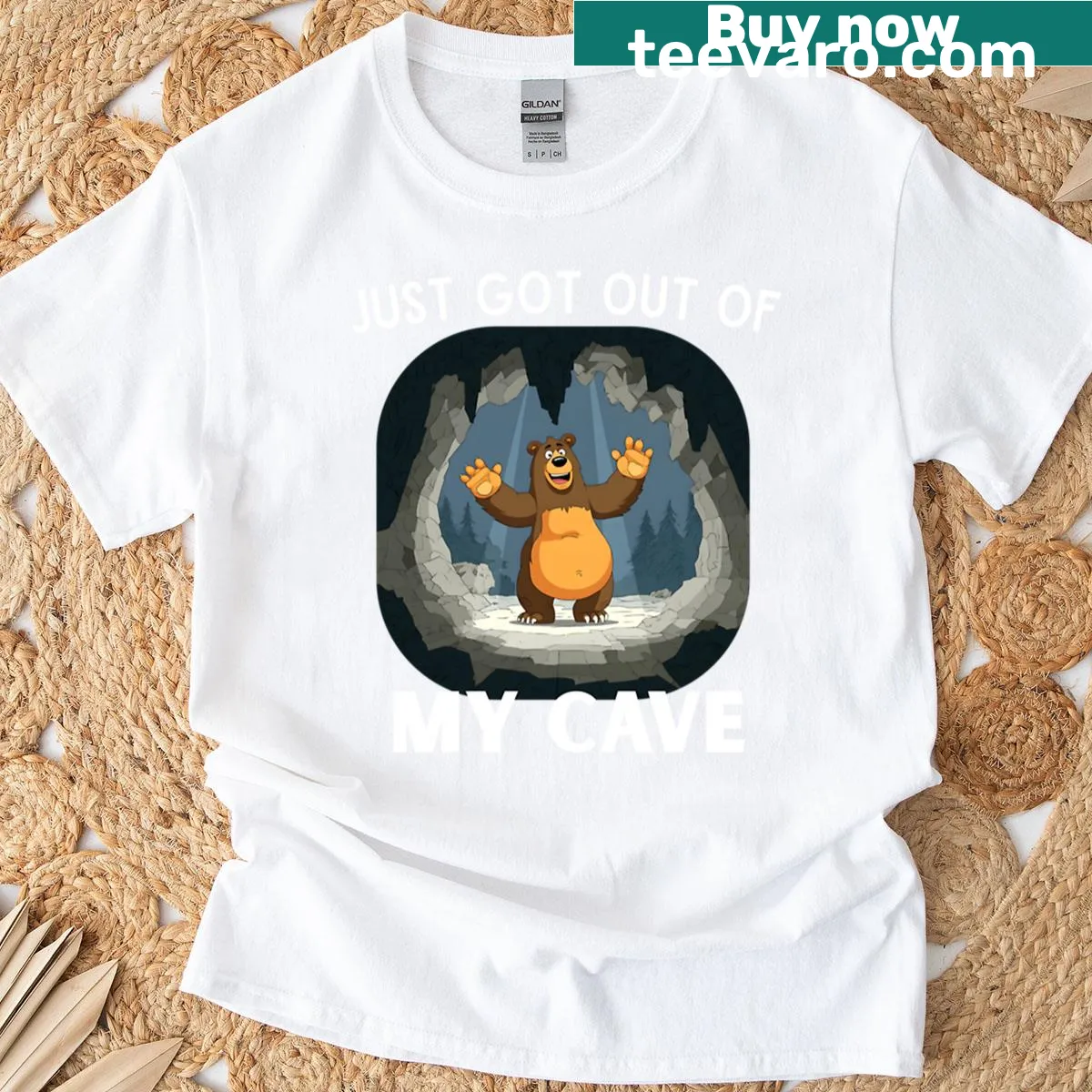 Oversized T-shirt with a humorous bear illustration and text about introversion. — on a men's t-shirt