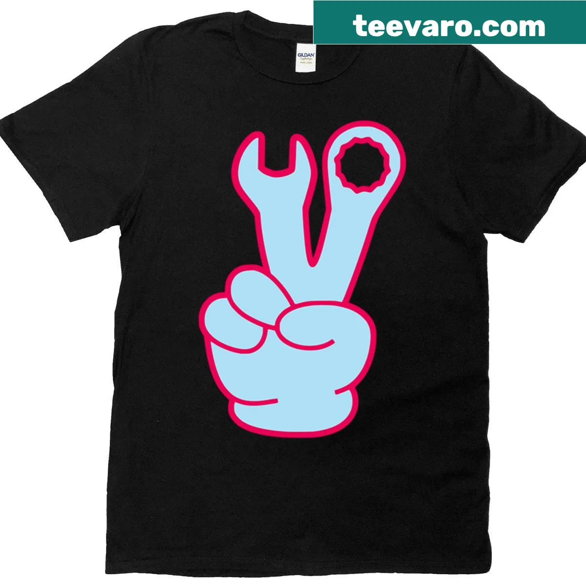 Oversized mechanic T-shirt with a humorous peace sign graphic — on a men's t-shirt