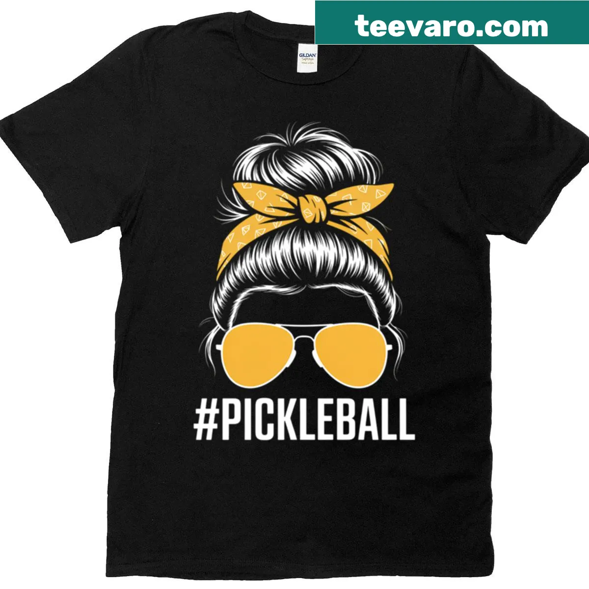 Playful pickleball t-shirt with messy bun graphic — on a men's t-shirt