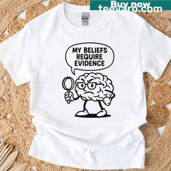 Cartoon brain T-shirt with a funny saying about logical thinking.