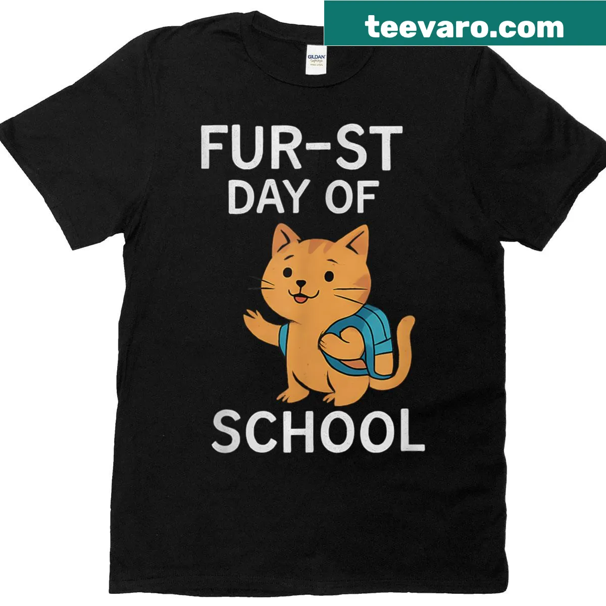 Cute cat t-shirt featuring a cat with a backpack for back-to-school — on a men's t-shirt