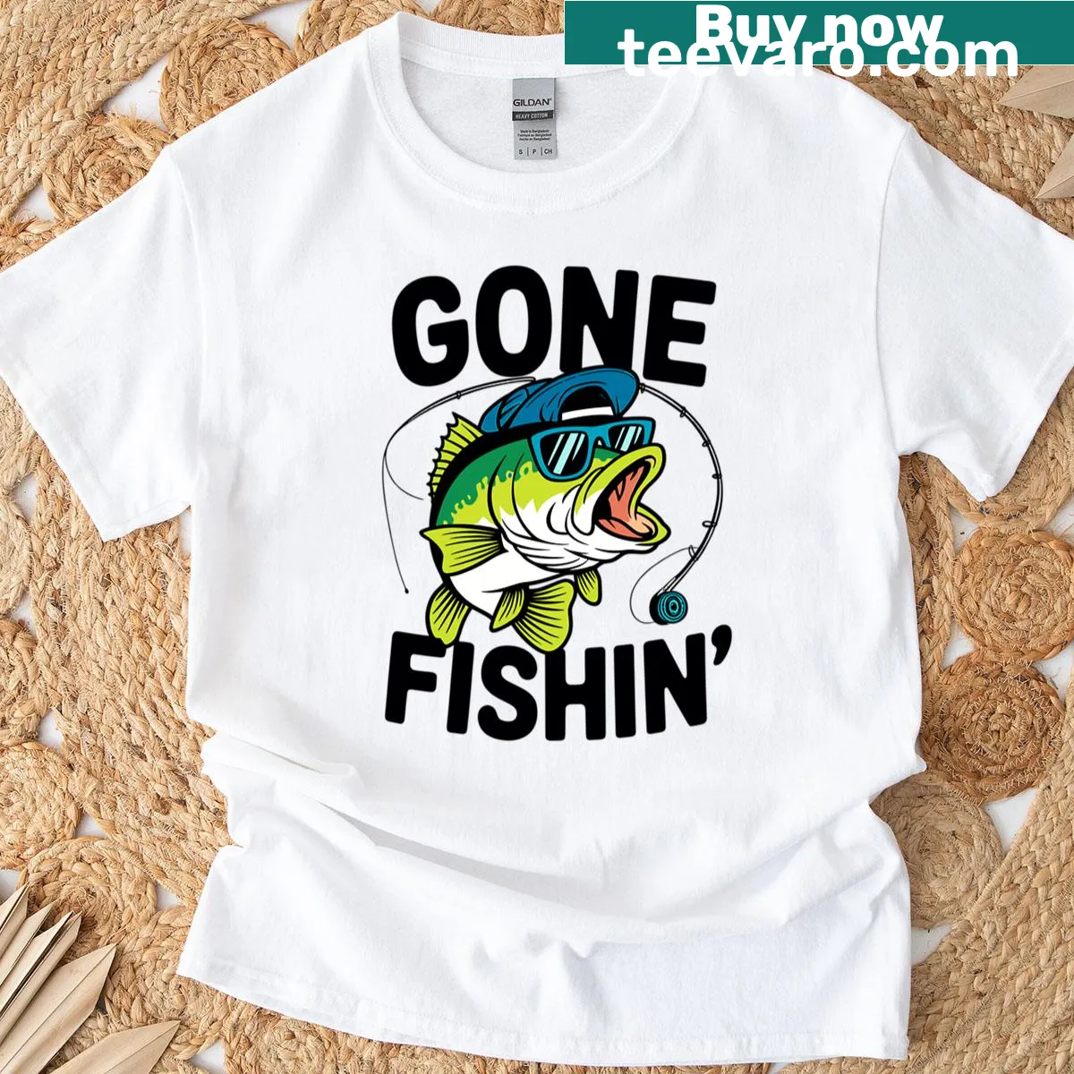 Funny fishing T-shirt with the phrase 'Gone Fishing' and bass fish graphic — on a men's t-shirt