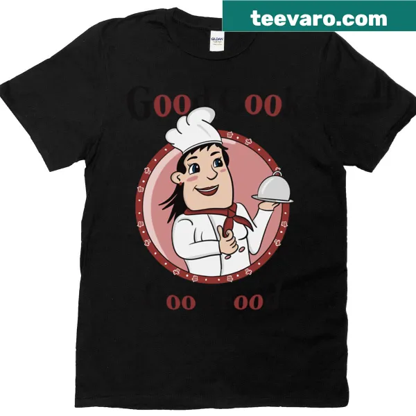 Text t-shirt featuring the phrase Good Cook Good Food in bold font