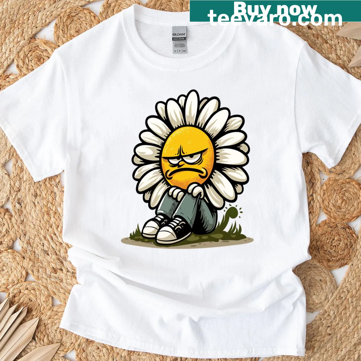 Cartoon grumpy daisy flower graphic with a funny expression — on a men's t-shirt
