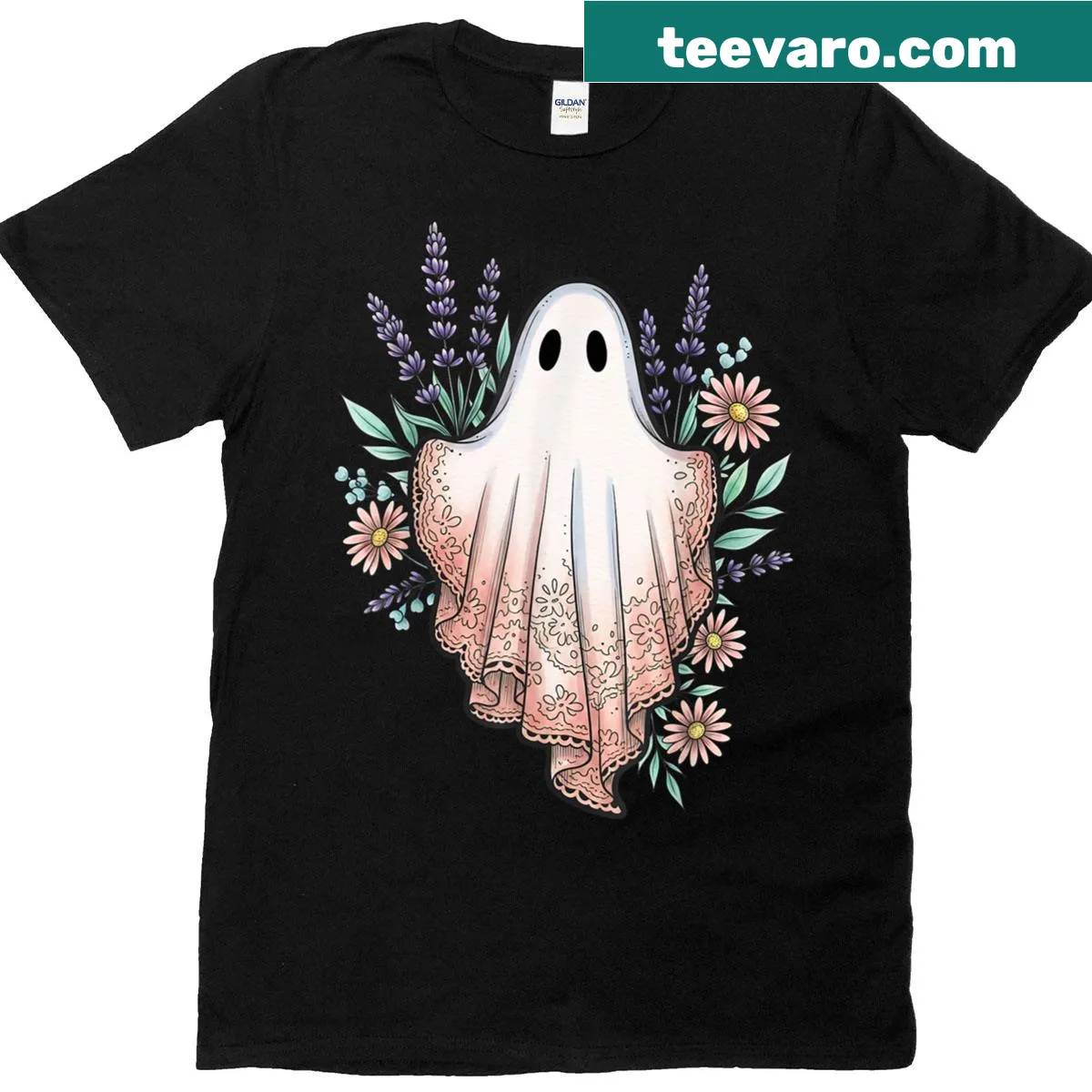 Boho lace ghost graphic on a Halloween-themed T-shirt — on a men's t-shirt