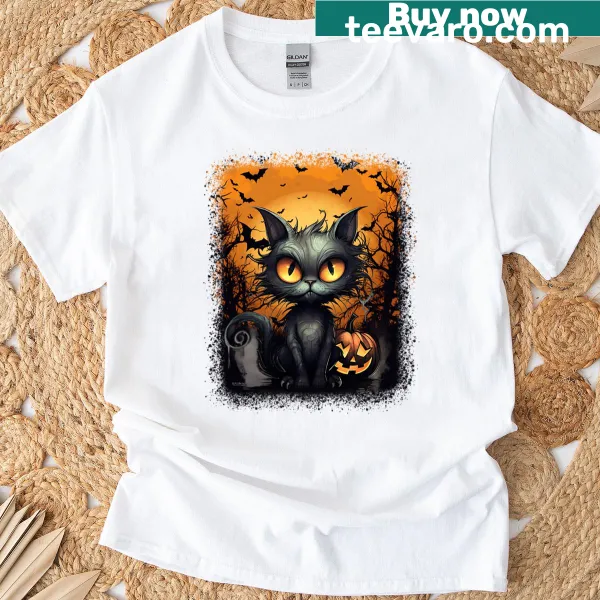 Funny Halloween T-shirt featuring illustrated cats in costumes