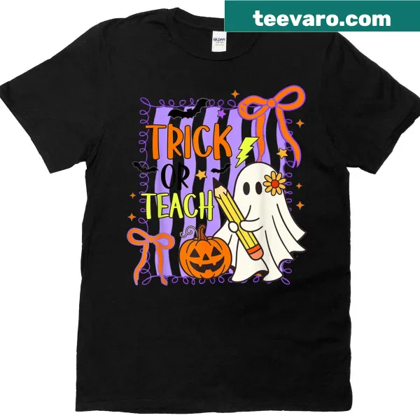 Halloween-themed teacher t-shirt with 'Trick Or Teach' text