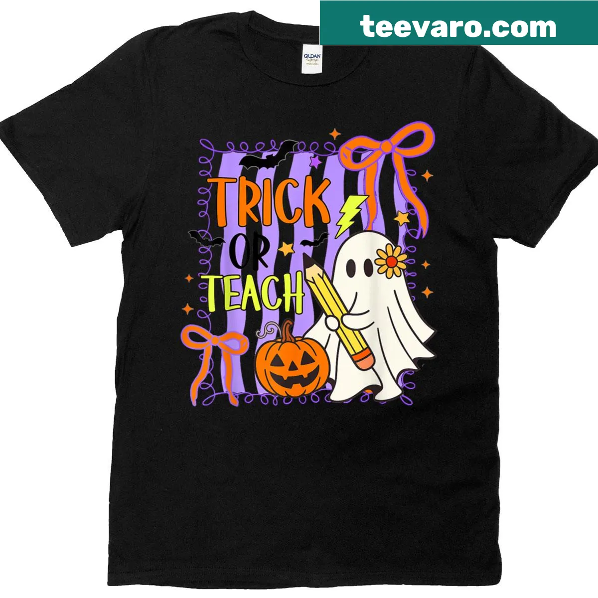Halloween-themed teacher t-shirt with 'Trick Or Teach' text — on a men's t-shirt