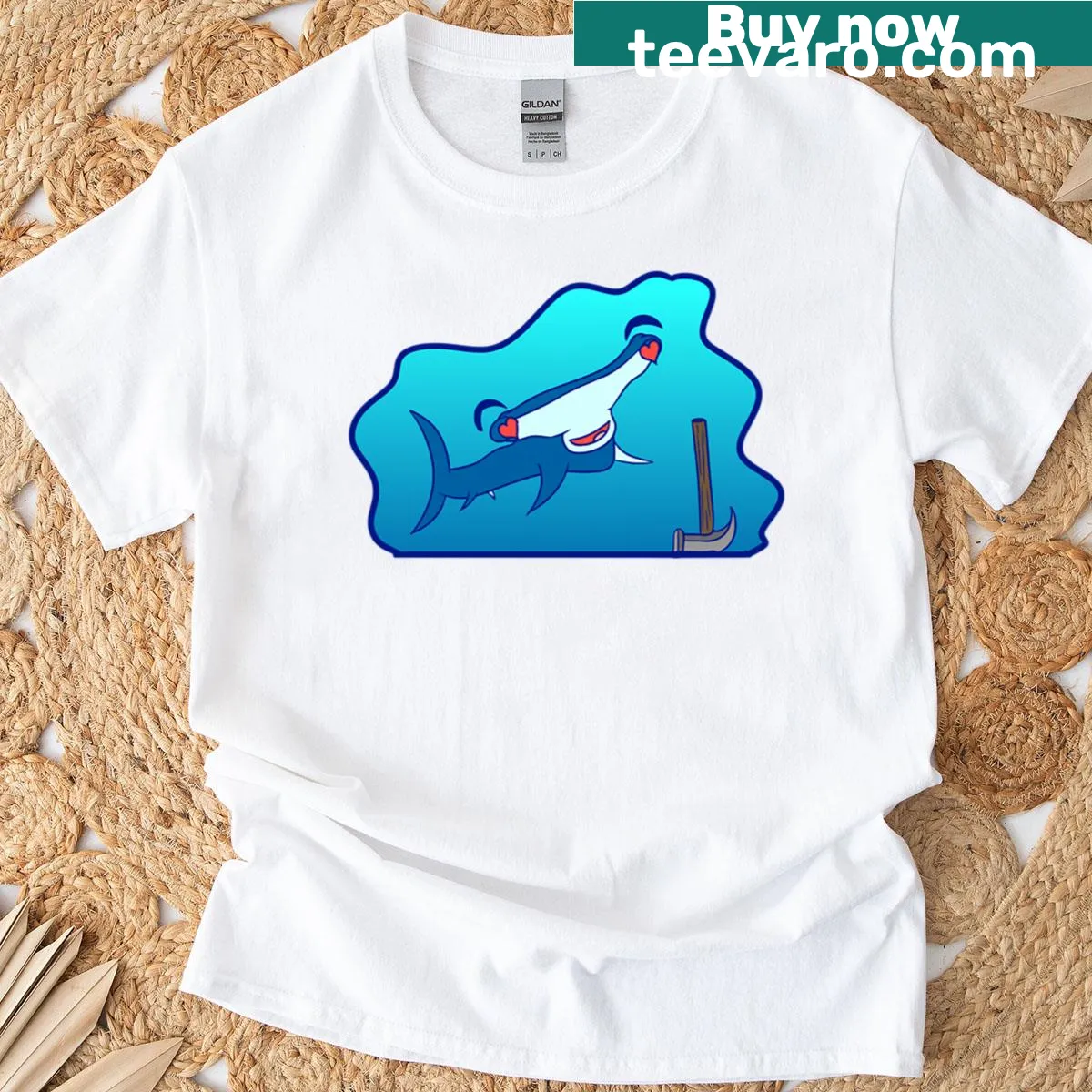 Cute Hammerhead Shark illustration with Love At First Sight text — on a men's t-shirt