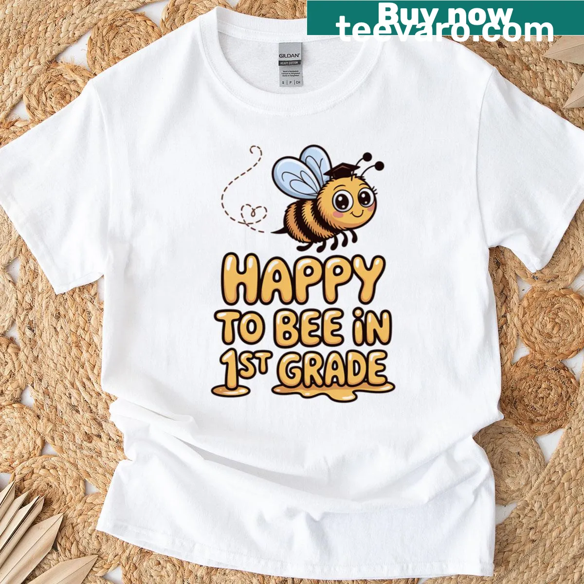 Funny pun graphic 'Happy To Bee In 1st Grade' on T-shirt — on a men's t-shirt