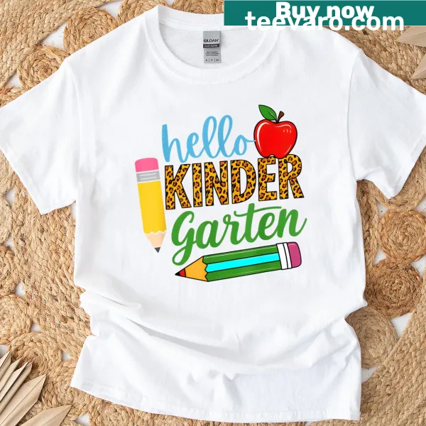 Teacher t-shirt with Hello Kindergarten design
