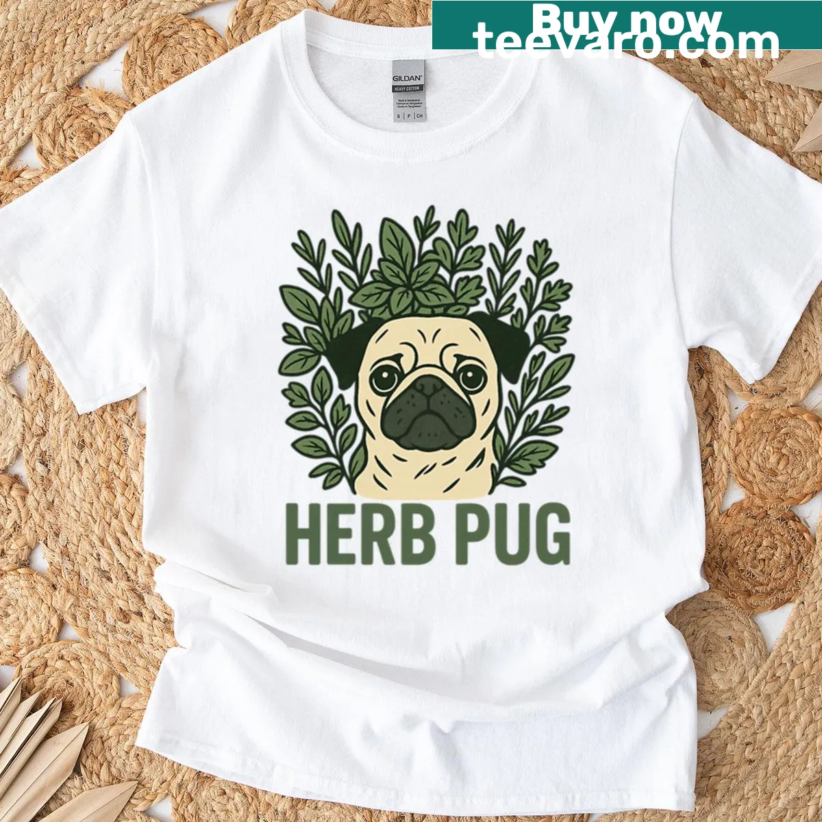 Illustrated pug surrounded by plants on a T-shirt — on a men's t-shirt