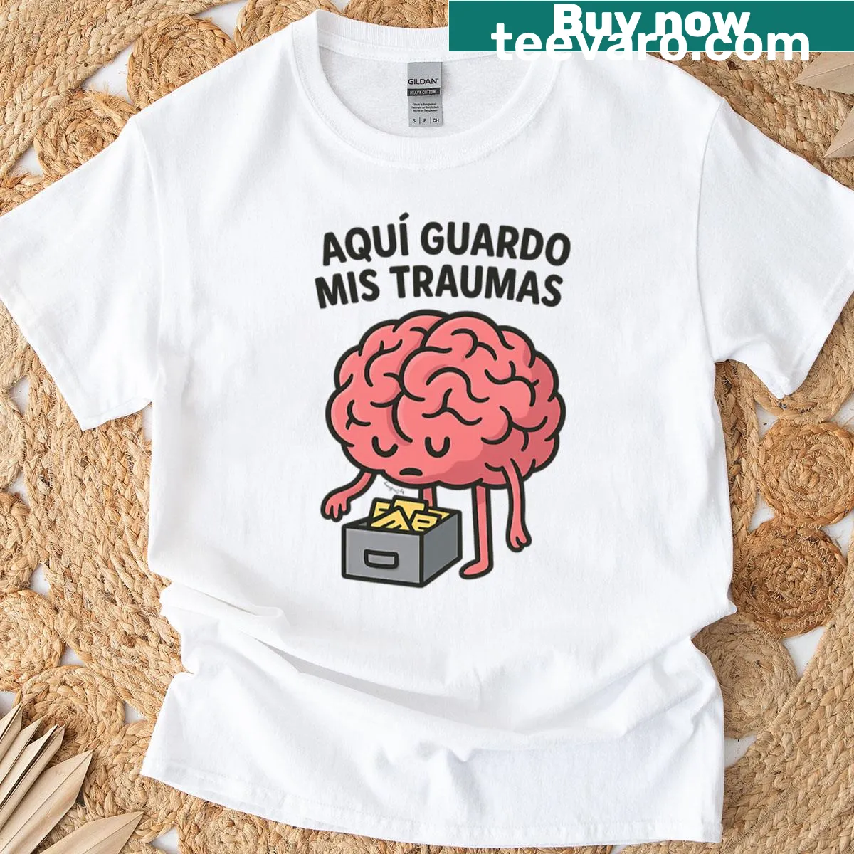 Bold text 'Here I Keep My Traumas' on T-shirt — on a men's t-shirt