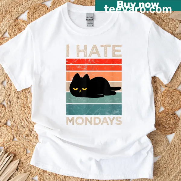 Retro T-shirt with lazy cat and text 'I Hate Mondays'