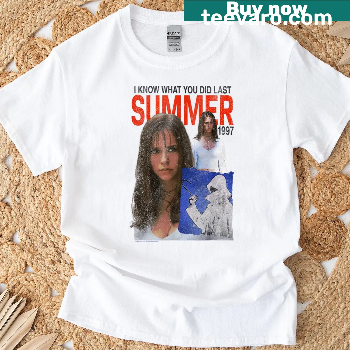 Retro horror t-shirt with poster collage design from classic film — on a men's t-shirt