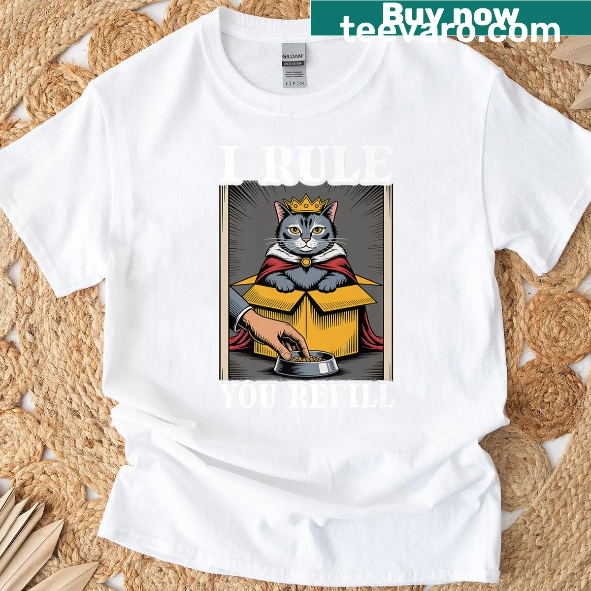 Cartoon cat in a box with humorous phrase t-shirt — on a men's t-shirt