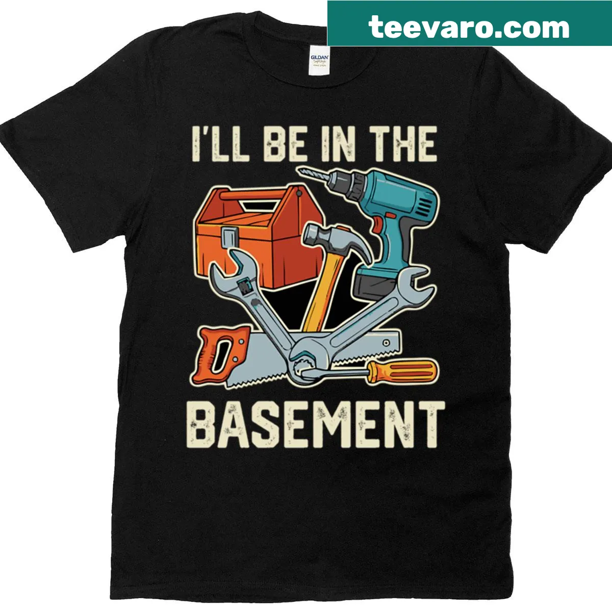 Funny dad joke T-shirt with a humorous message about being in the basement — on a men's t-shirt