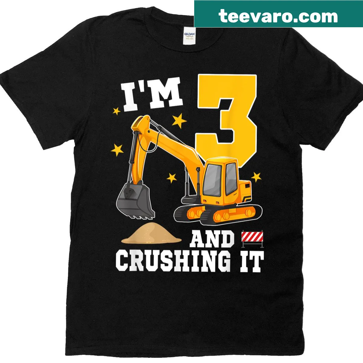 Illustration of a construction excavator for a child's 3rd birthday. — on a men's t-shirt