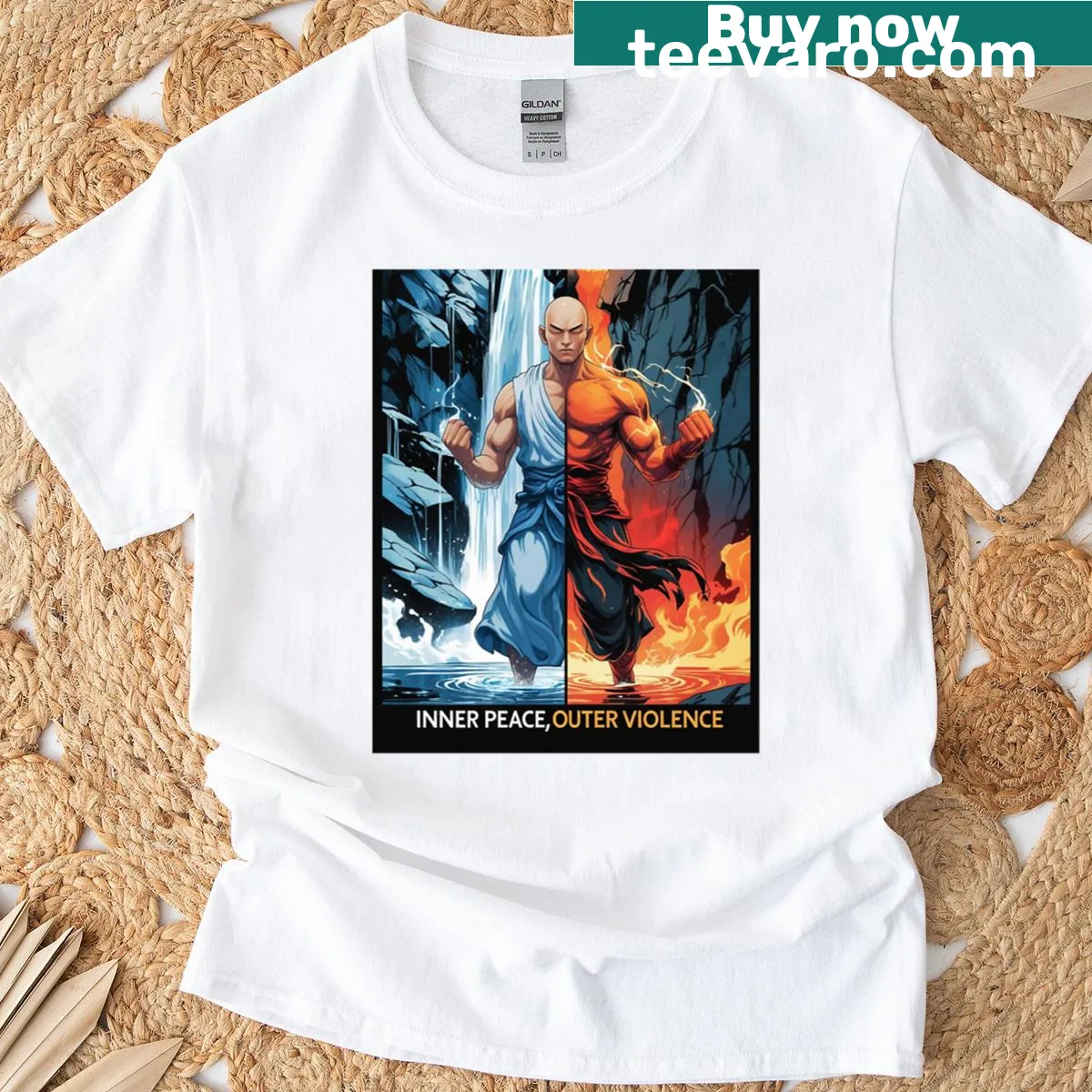 T-shirt with a serene monk graphic and thought-provoking text — on a men's t-shirt