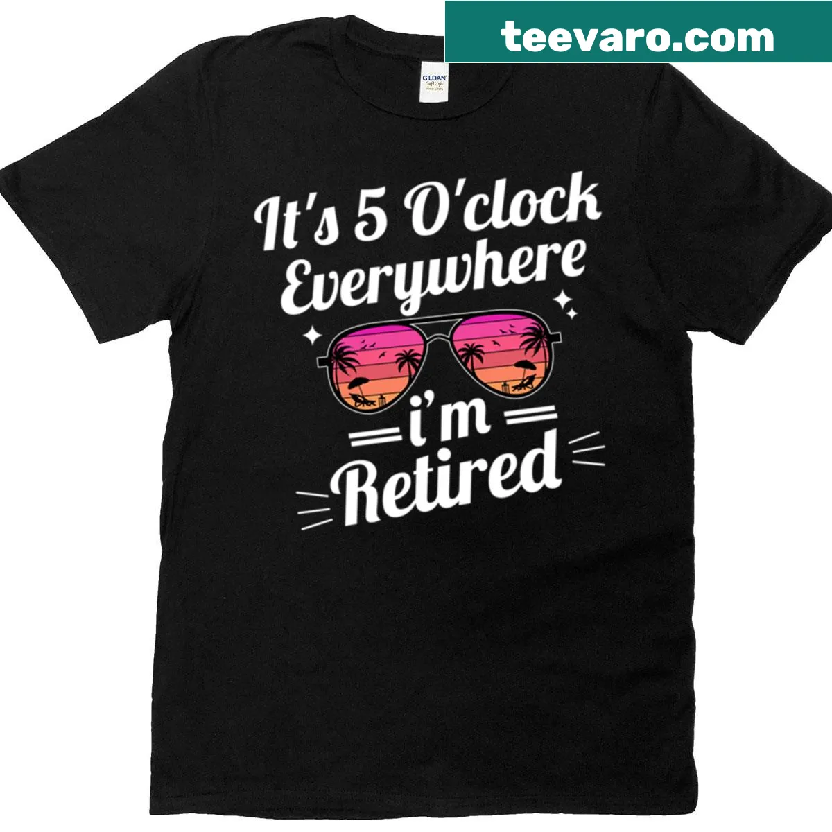 Funny retirement t-shirt with 'It's Five O'clock Everywhere' text — on a men's t-shirt