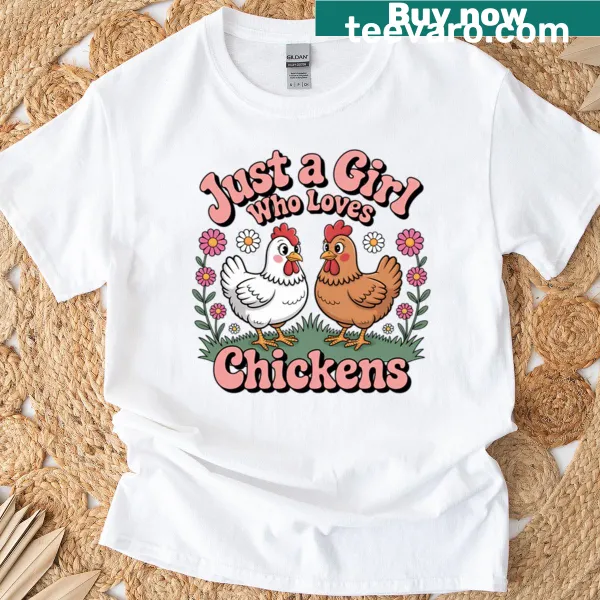 Cute design featuring a girl with chickens on a t-shirt.