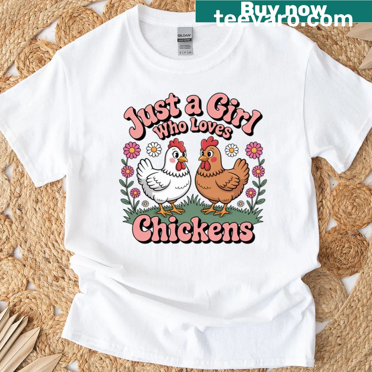 Cute design featuring a girl with chickens on a t-shirt. — on a men's t-shirt