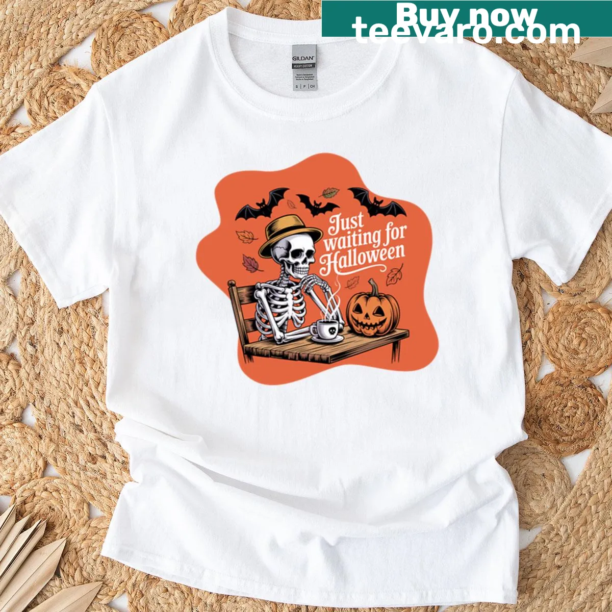 T-shirt with phrase 'Just Waiting For Halloween' in fun typography — on a men's t-shirt