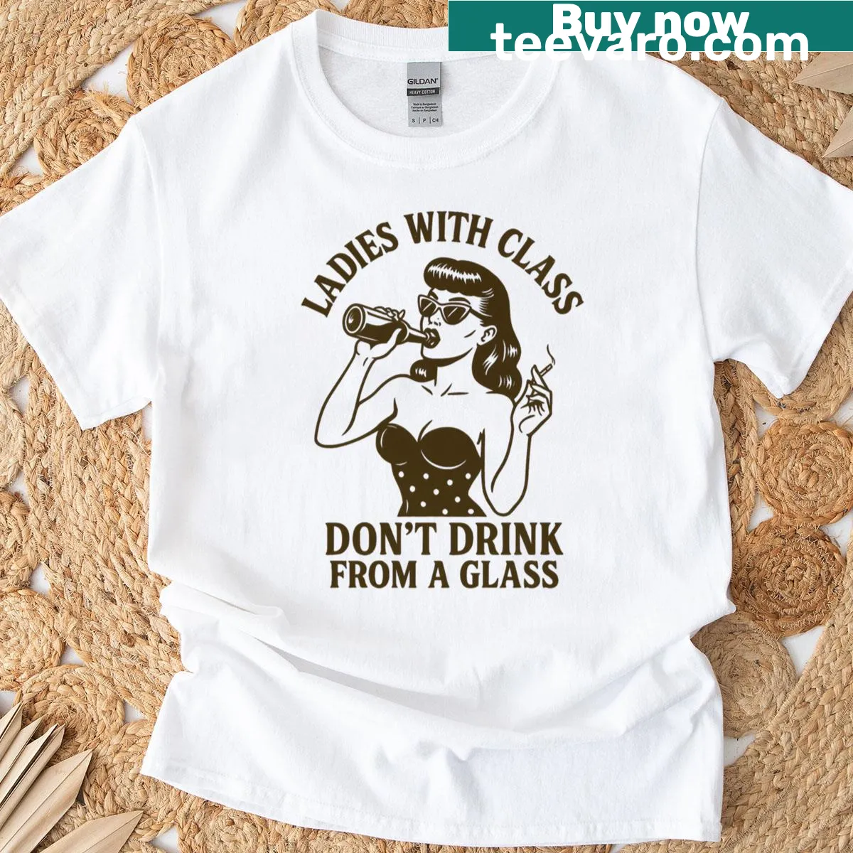 Vintage pinup girl beer T-shirt with humorous text — on a men's t-shirt