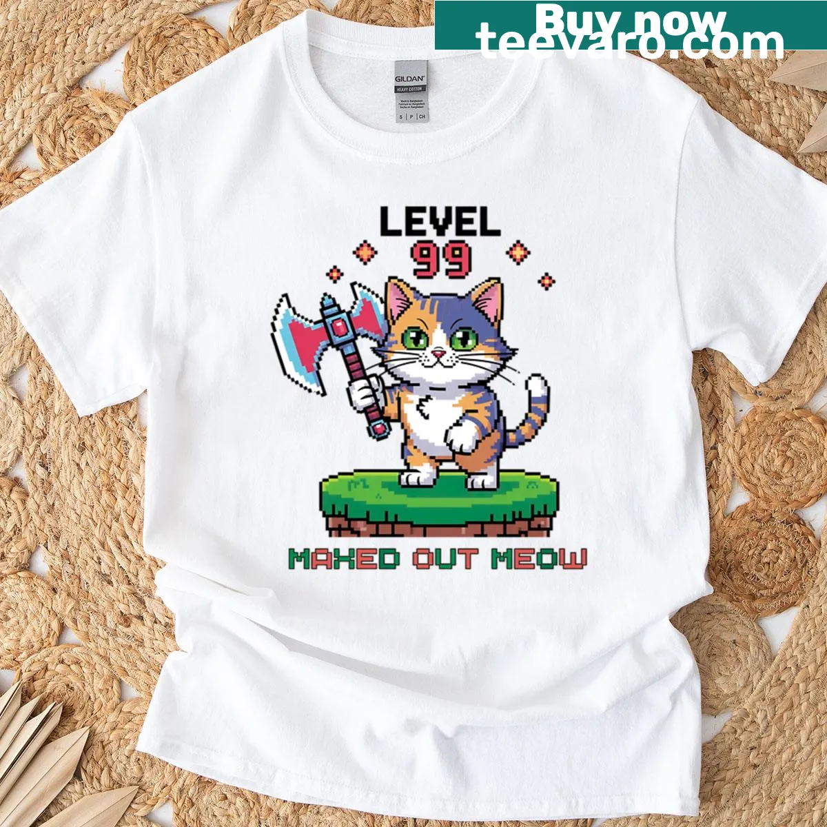 Pixel art design of a cat warrior on a playful oversized T-shirt — on a men's t-shirt