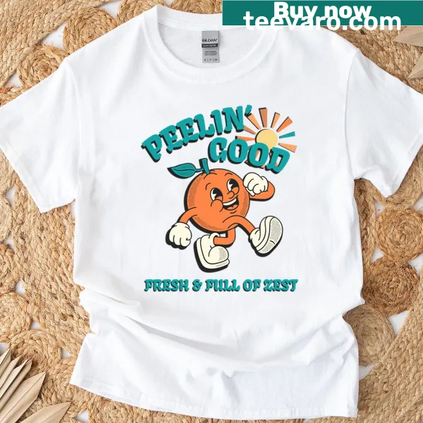 Retro 70s style T-shirt with an orange mascot graphic