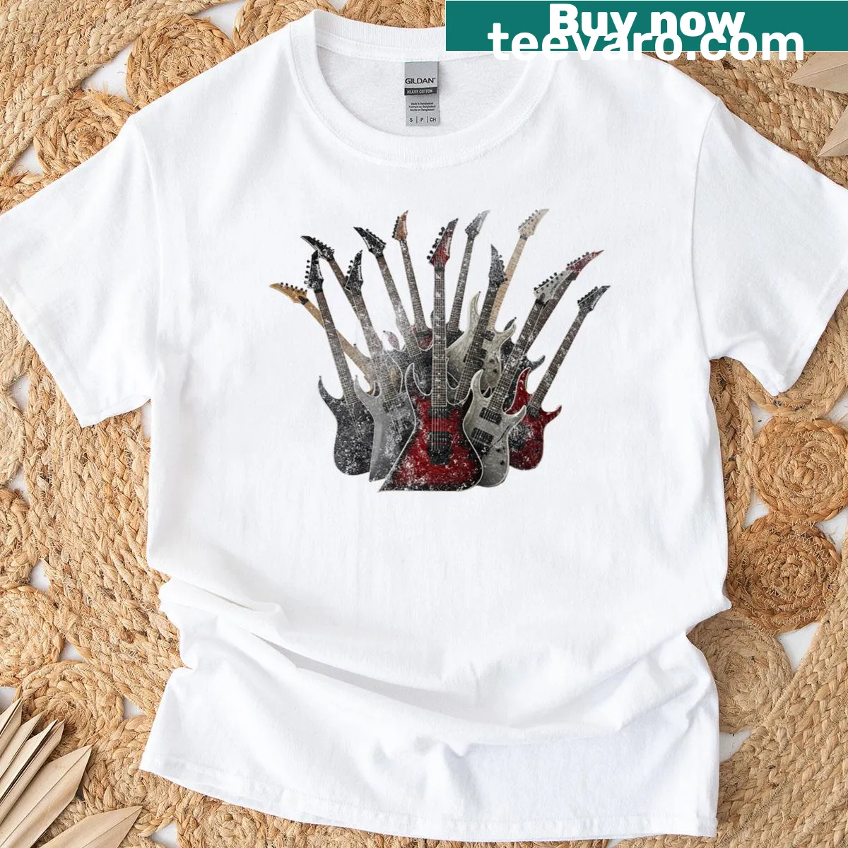 Illustration of a guitar with band elements on T-shirt — on a men's t-shirt