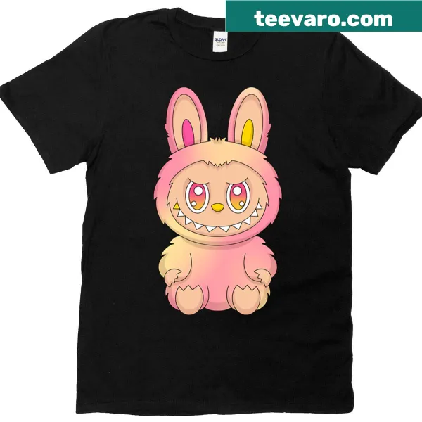 Cute yellow and pink Labubu monster illustration on t-shirt
