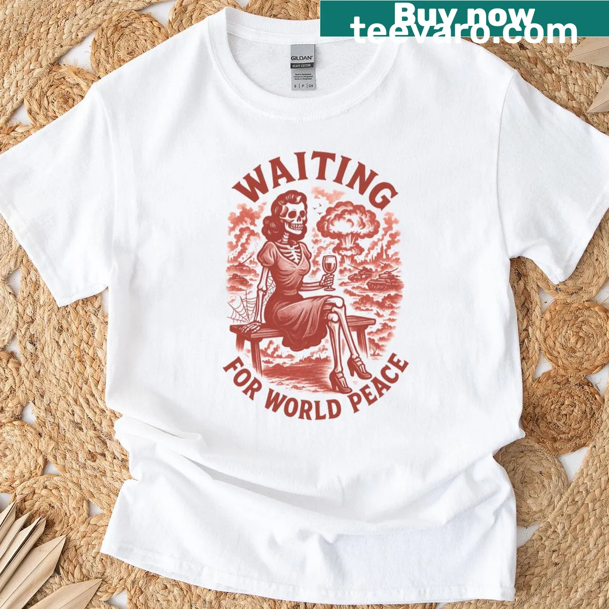 Vintage-inspired T-shirt featuring a skeleton pinup waiting for world peace — on a men's t-shirt