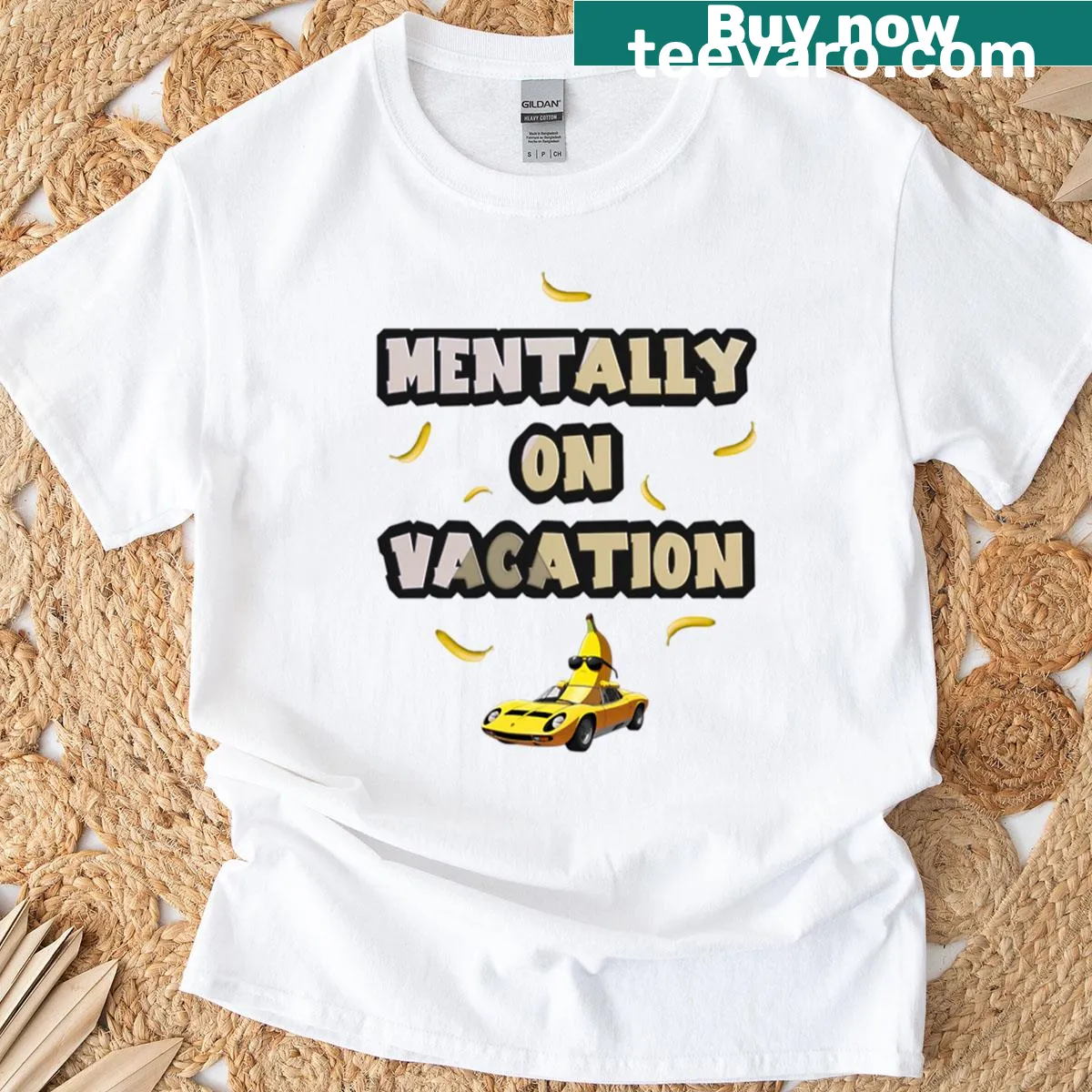 T-shirt with the phrase 'Mentally On Vacation' and a cheerful banana graphic — on a men's t-shirt
