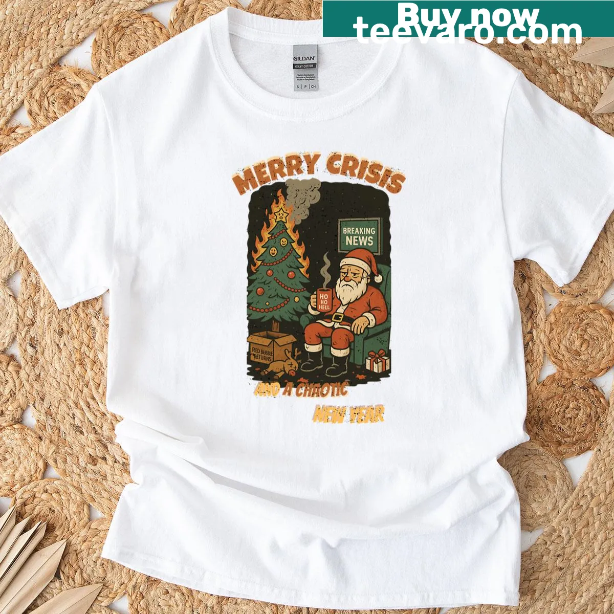 Typography design on t-shirt stating 'Merry Crisis And A Chaotic New Year'. — on a men's t-shirt