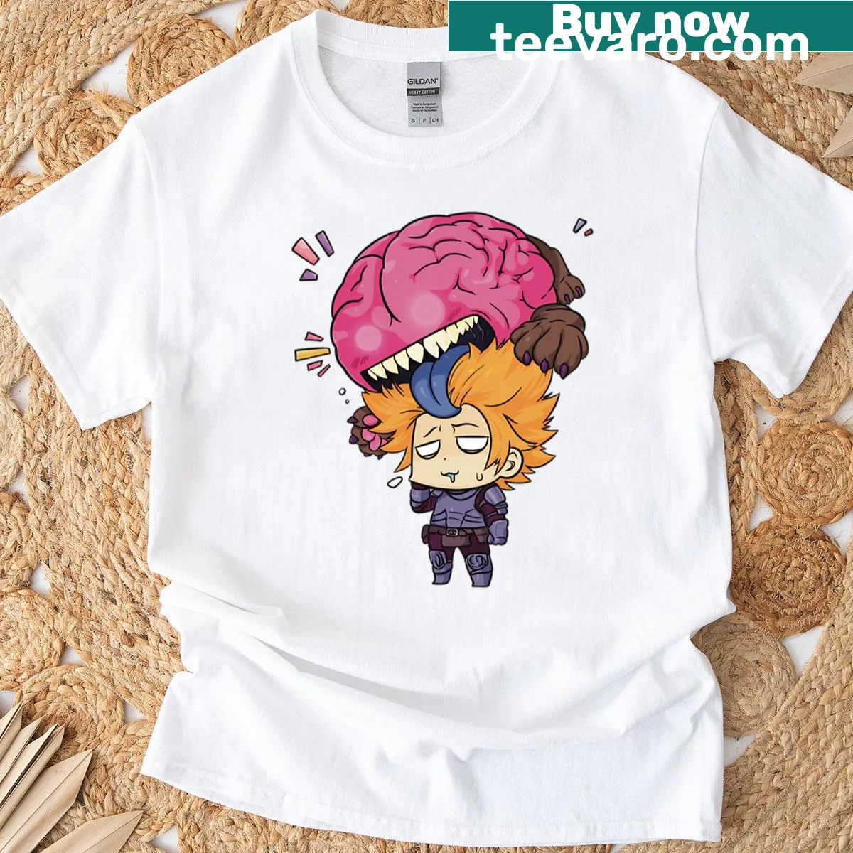 Chibi brain monster design on oversized t-shirt, playful and whimsical. — on a men's t-shirt
