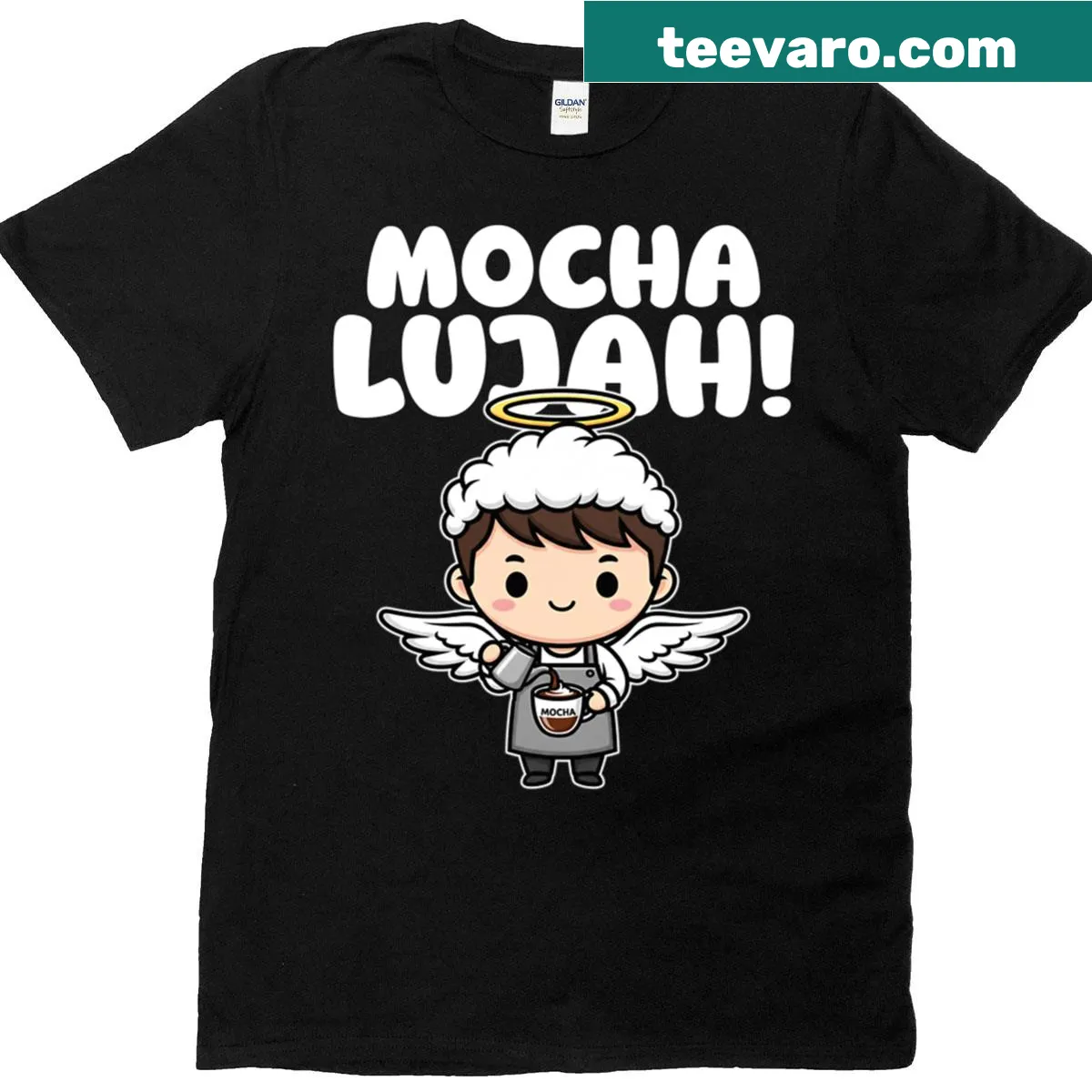 Whimsical 'Mocha-lujah' barista gift t-shirt — on a men's t-shirt