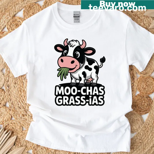 Humorous T-shirt featuring a cow graphic and a pun on gratitude