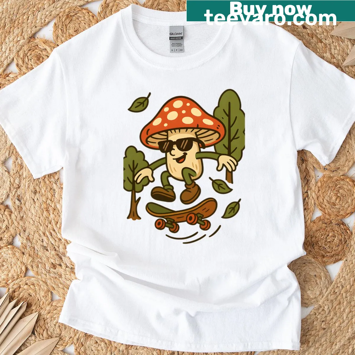 Cartoon mushroom riding a skateboard in a forest graphic T-shirt — on a men's t-shirt