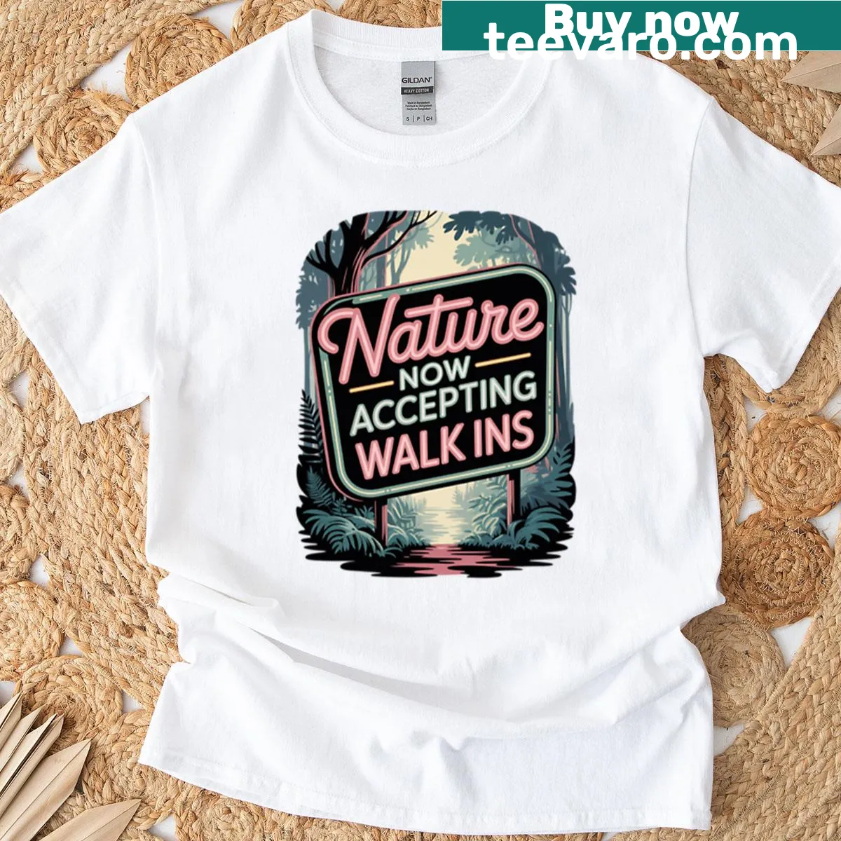 Retro neon sign design t-shirt with a nature theme — on a men's t-shirt