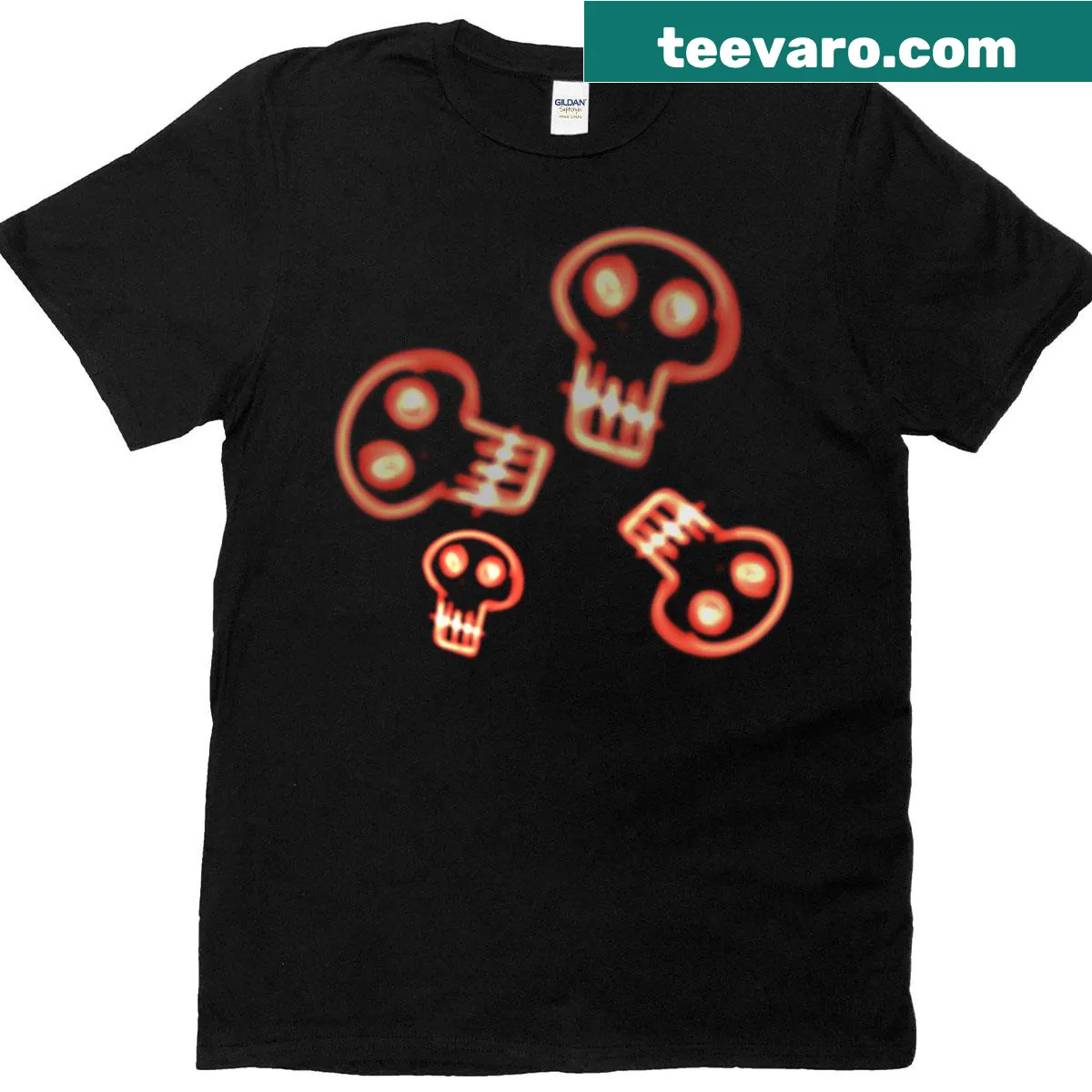 Cartoon skull graphic designed like retro bar signage — on a men's t-shirt