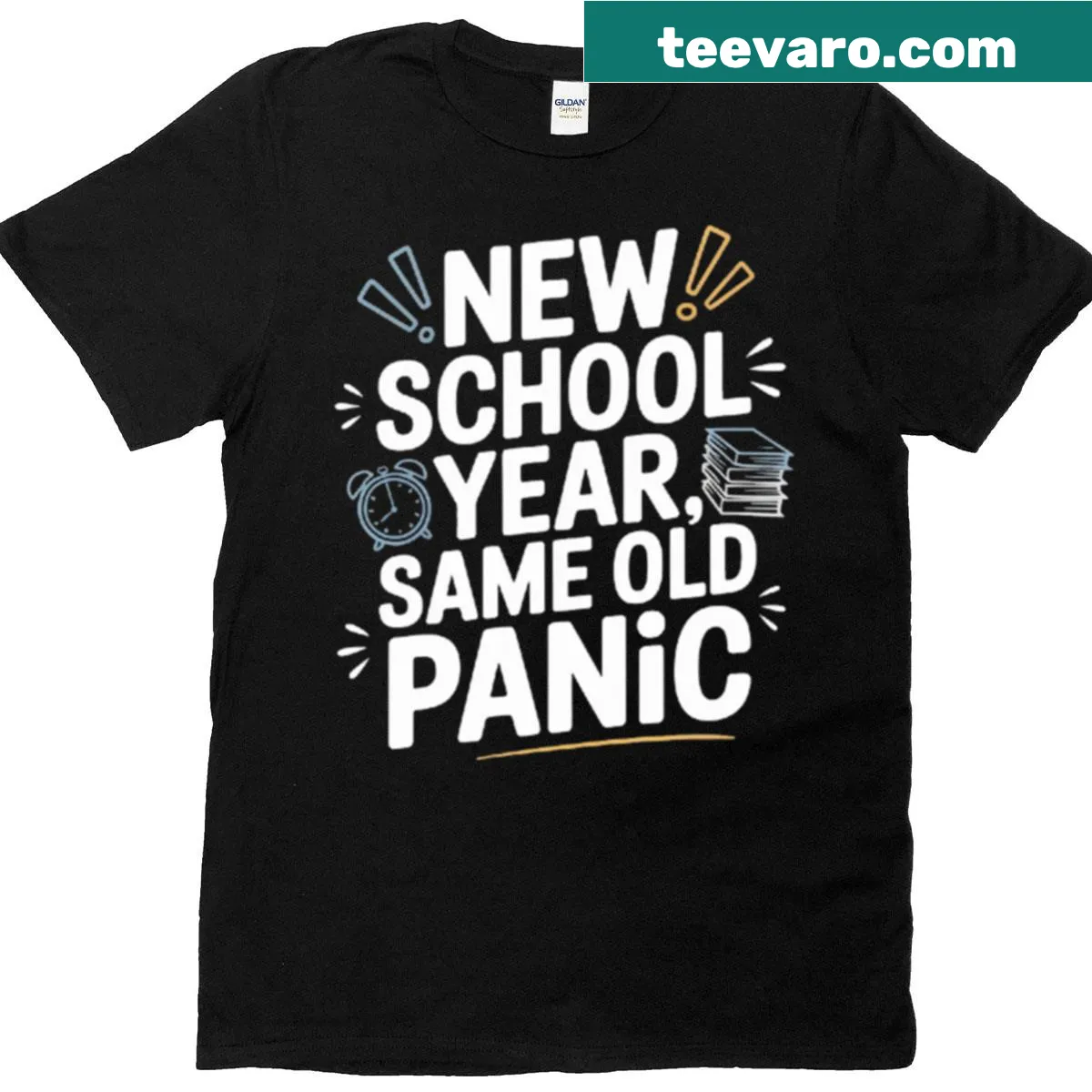Oversized t-shirt with humorous school year panic graphic — on a men's t-shirt