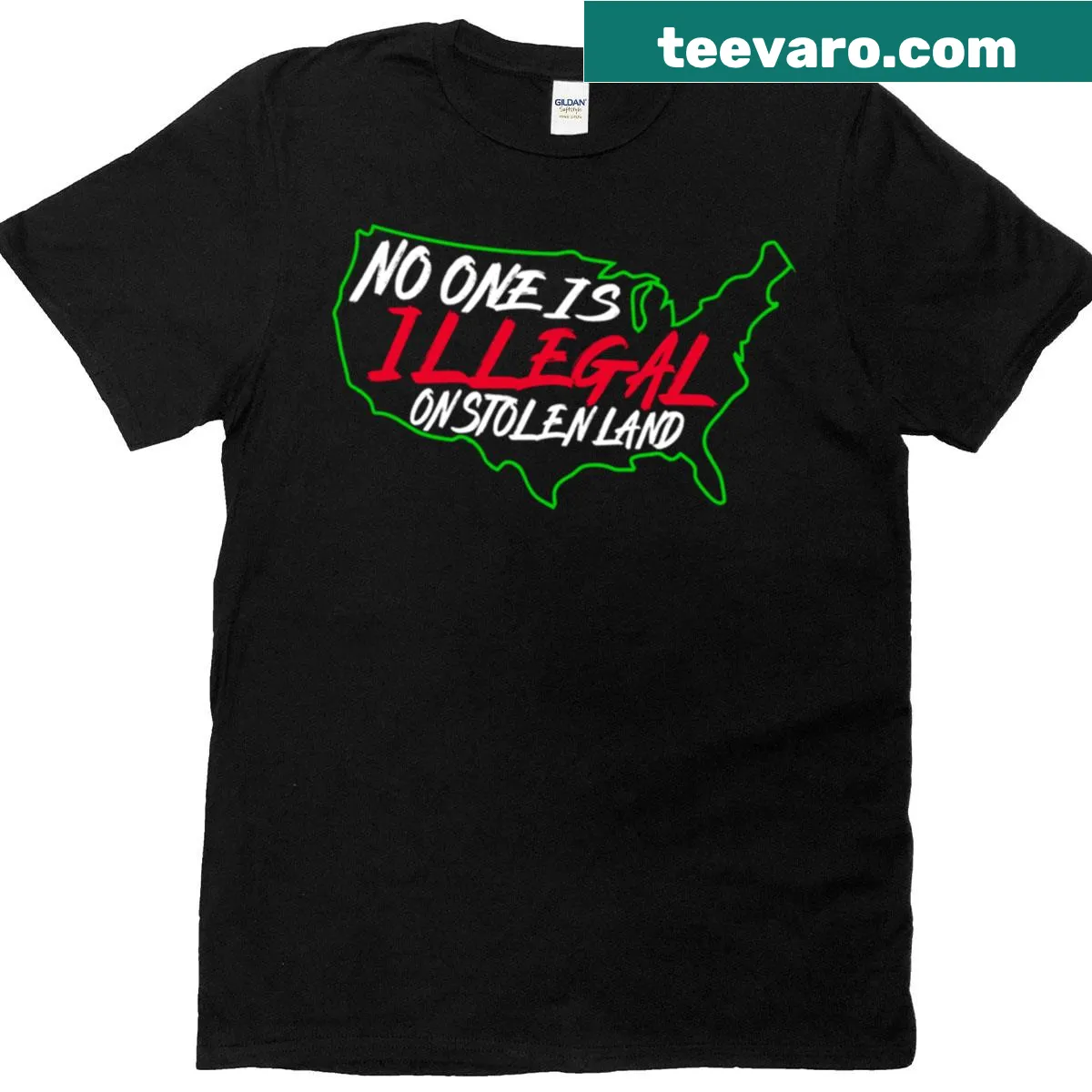 T-shirt with the phrase 'No One Is Illegal On Stolen Land' for social justice — on a men's t-shirt